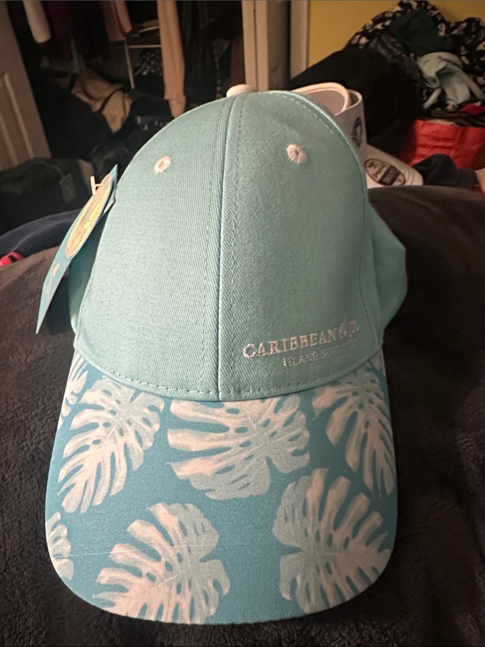 Caribbean Joe Light Teal/White Tropical Leaf Baseball Cap